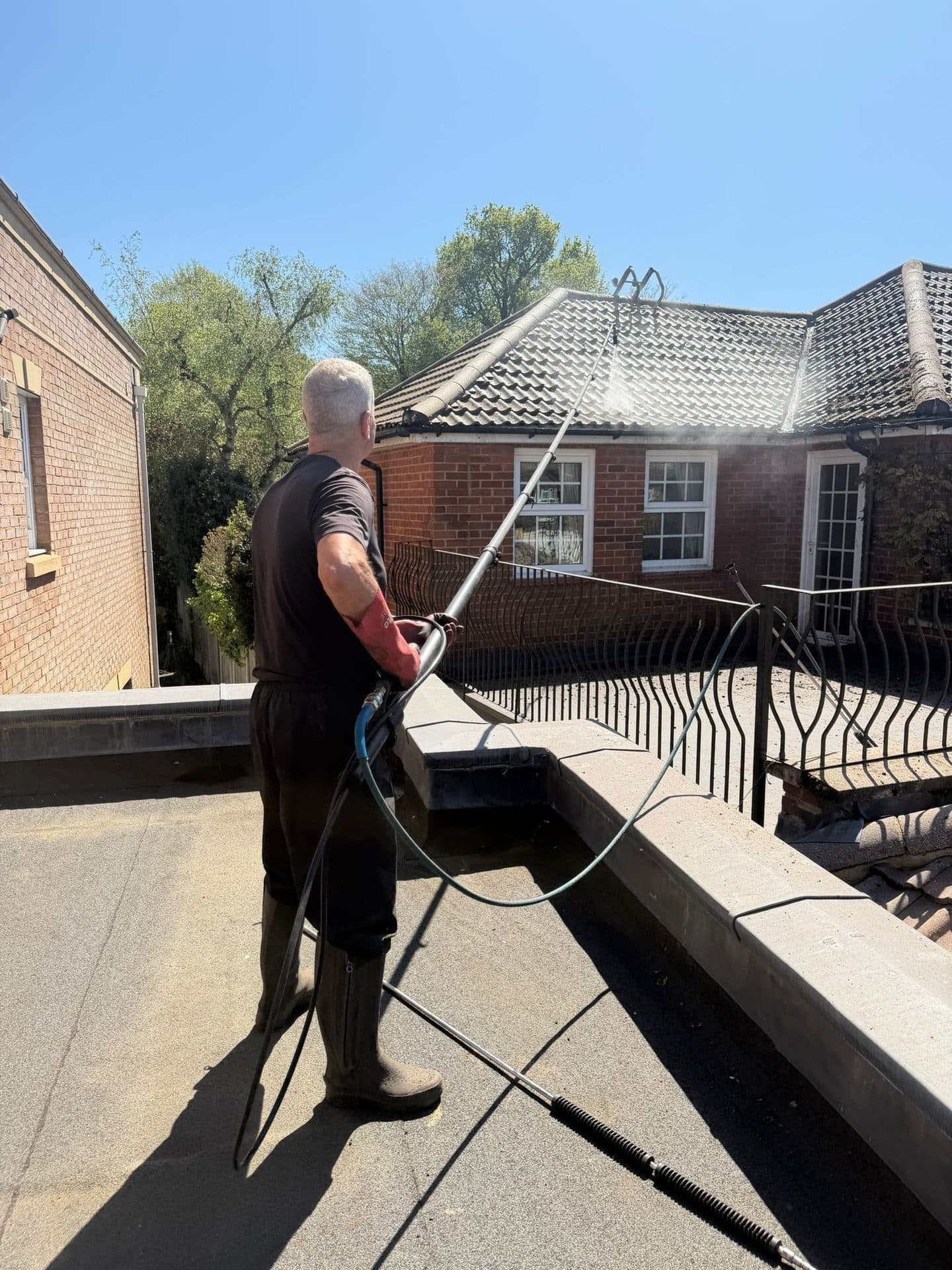 Roof cleaning with biocide treatment